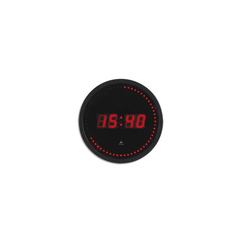 ALBA Horloge à led Horled cadre plastique noir lentille en verre D30cm affichage numérique rouge à quartz