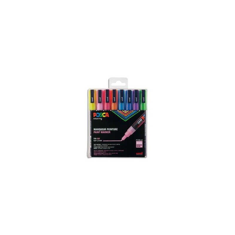 UNIBALL Coffret de 8 marqueurs peinture Posca pailletés, pointe fine, couleurs assorties