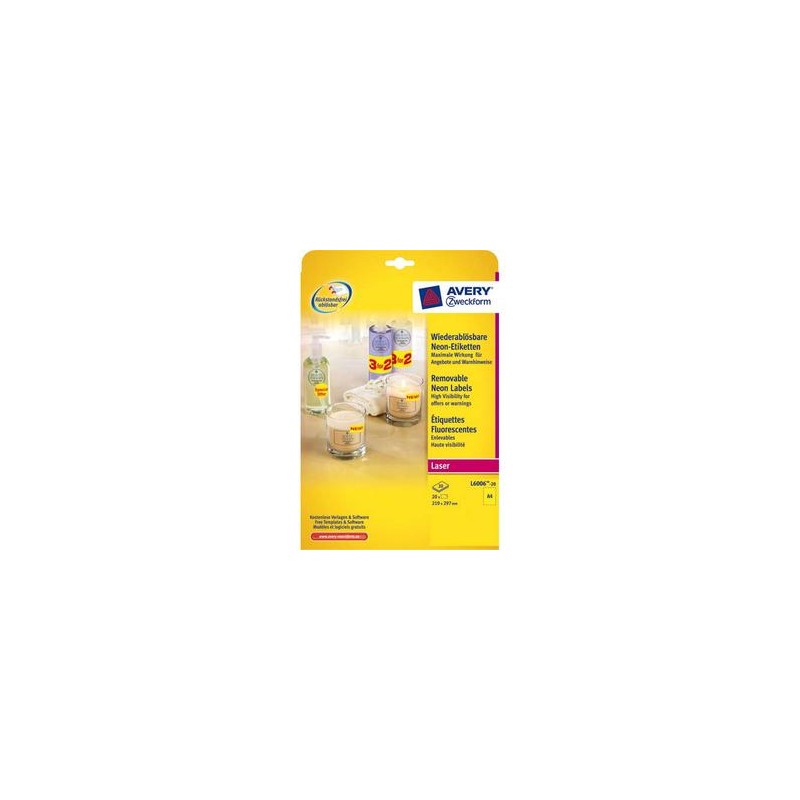AVERY Boite de 20 etiquettes laser rectangulaires enlevables 21x29,7cm coloris jaune fluo L6006-20