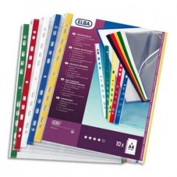 ELBA Sachet de 10 pochettes perforées en polypro lisse 10/100. Format A4, 11 trous. Renfort assortis.