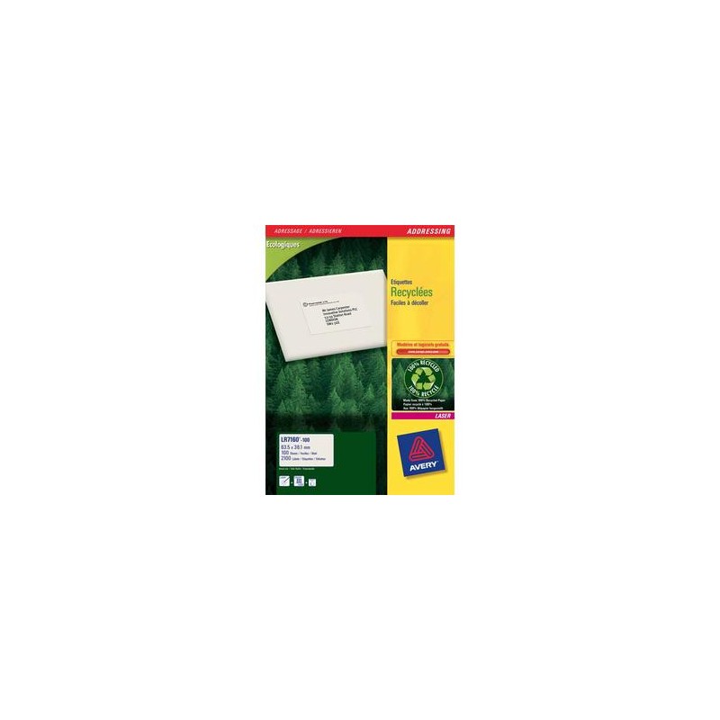 AVERY Boîte de 2100 étiquettes adresse laser recyclées blanc 63,5X38,1 LR7160-100