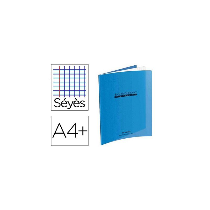 Cahier piqué conquérant classique couverture polypropylène rigide transparente a4+ 24x32cm 96 pages 90g séyès bleu