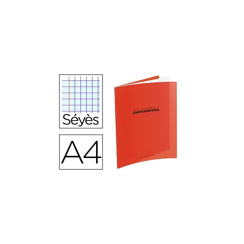 Cahier piqué conquérant classique couverture polypropylène rigide transparente a4 21x29,7cm 96 pages 90g séyès rouge