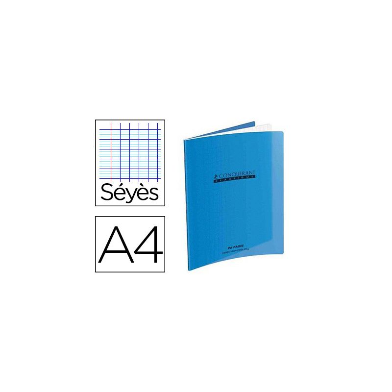  	 	 Cahier piqué conquérant classique couverture polypropylène rigide transparente a4 21x29,7cm 96 pages 90g séyès bleu