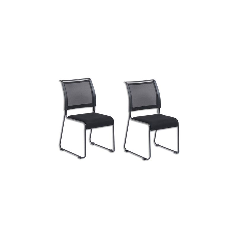 Lot de 2 Chaises Dacada assise en tissu et dossier résille Noir, piètement luge en acier - H84 cm, L42 cm