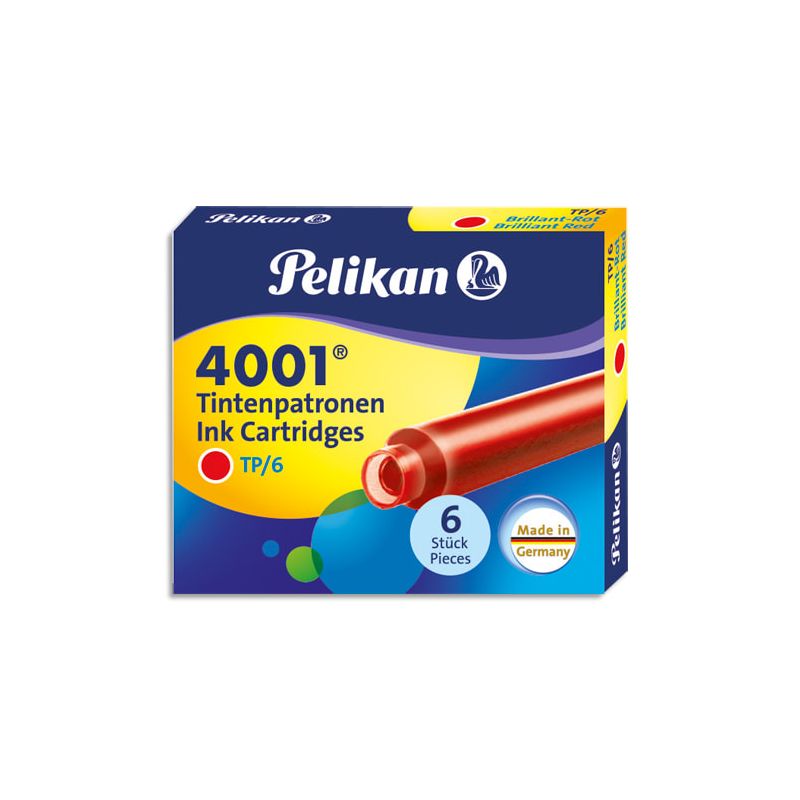 PELIKAN Etui de 6 cartouches standard pour tous stylos plume à cartouches. Encre effaçable Rouge
