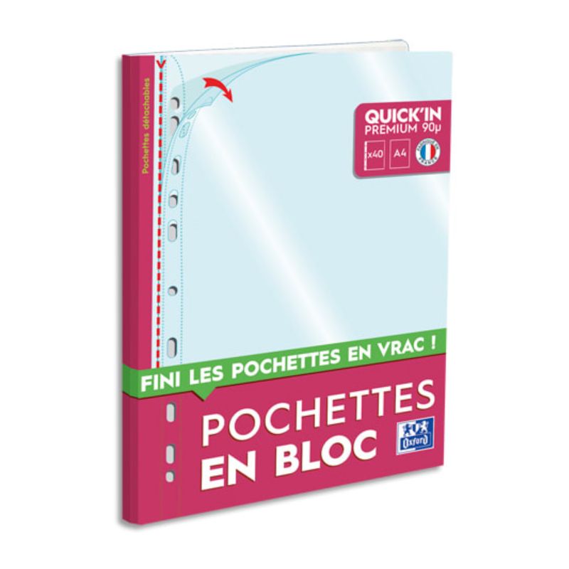 OXFORD Bloc de 40 pochettes perforées Quick' In A4 en polypropylène 9/100e lisse incolore