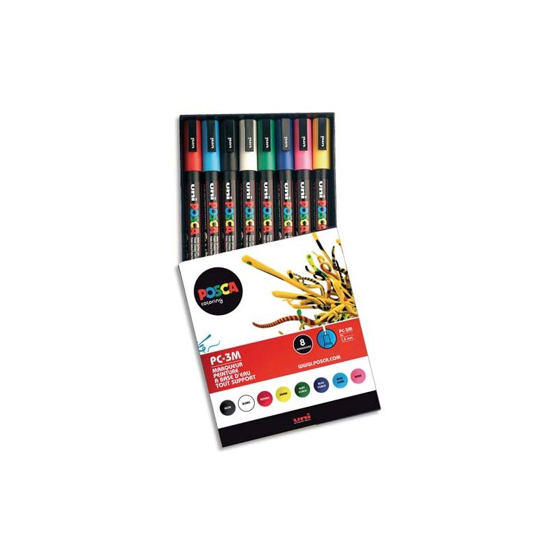 UNI POSCA Pochette 8 marqueurs peinture à eau, encre pigmentation assortie, pointe fine