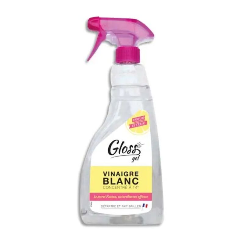 GLOSS Spray 750 ml Gel Vinaigre Blanc détartre et fait briller, concentration 14 degrés, parfum Citron
