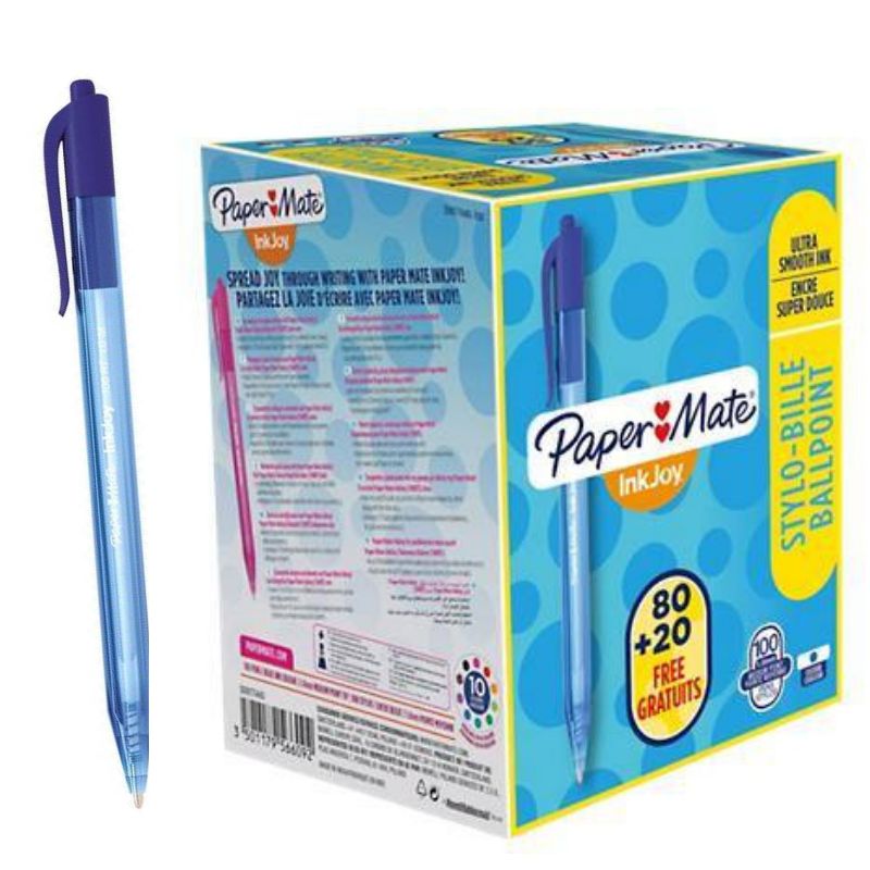 PAPERMATE Boîte de 100 Stylos bille rétractables, Pointe moyenne Encre Bleue
