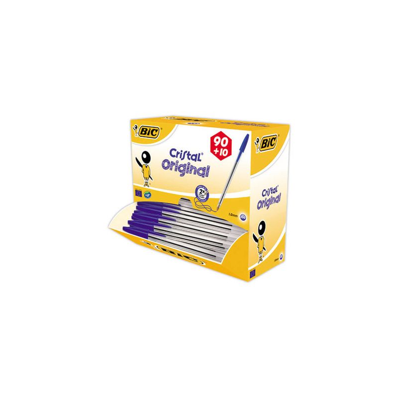 BIC Pack 90 stylos bille Cristal Bleu + 10 offerts Pointe moyenne