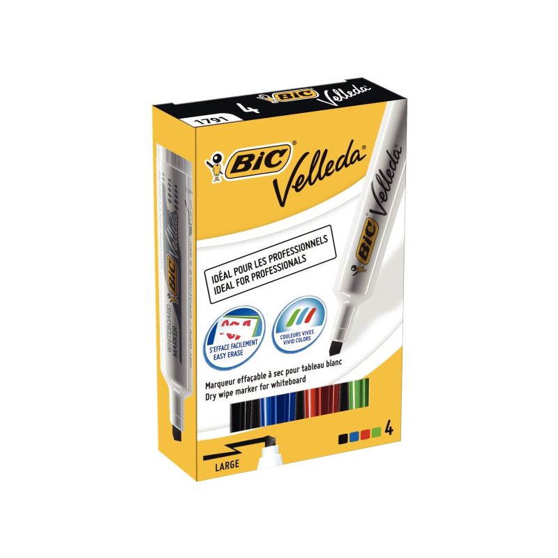 BIC VELLEDA 1781 Pochette de 4 marqueurs effaçables à sec Pointe biseau Coloris Assortis