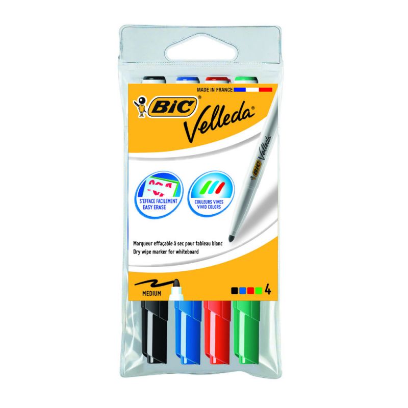 BIC VELLEDA 1741 Pochette de 4 Feutres effaçables à sec pointe ogive encre cétone Coloris Assortis