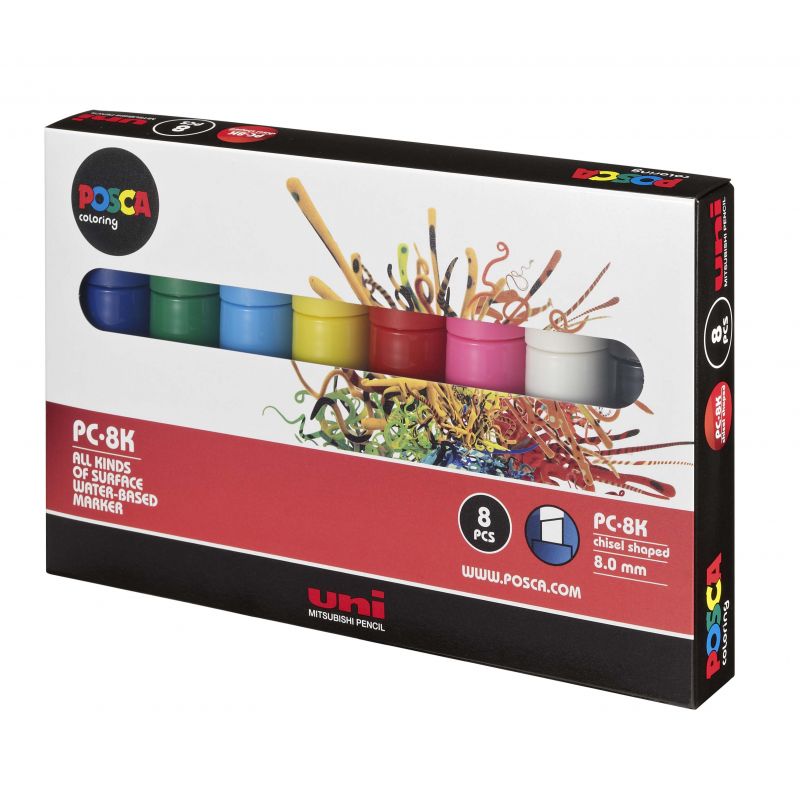 UNI POSCA Pochette 8 marqueurs peinture à eau encre pigmentation assortie pointe large