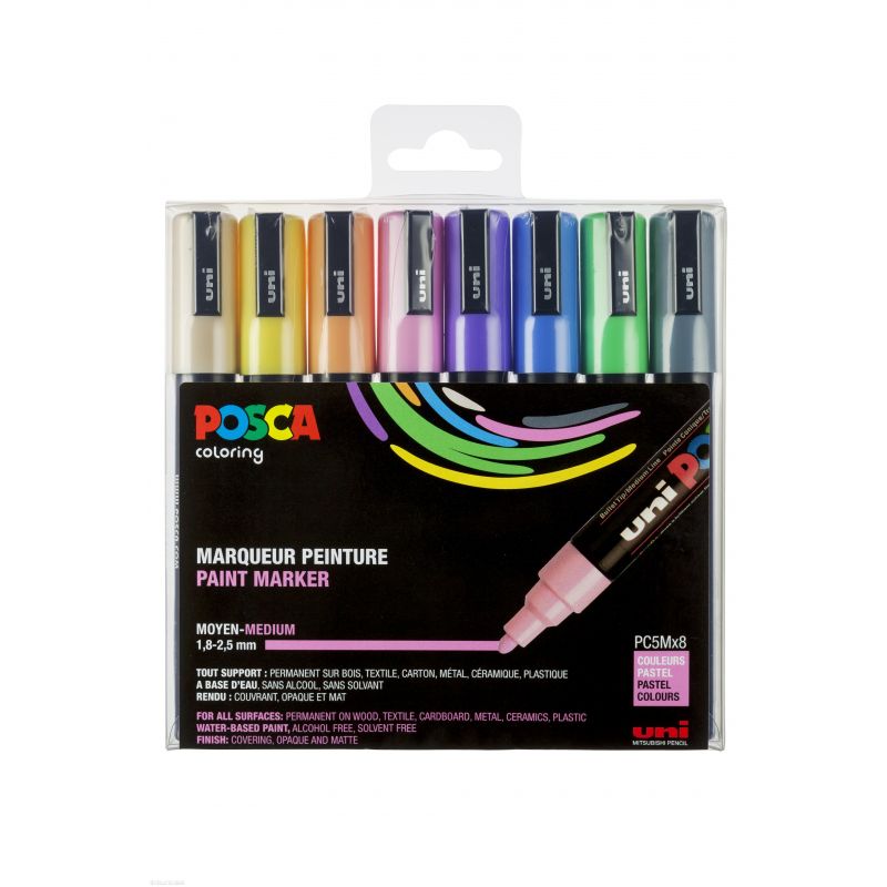 UNI POSCA Set de 8 Marqueurs peinture Pointe conique moyenne couleurs assortis