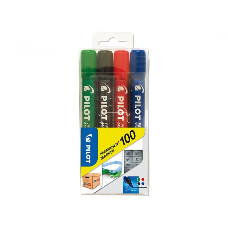 PILOT MARKER 100 Pochette de 4 marqueurs permanents Pointe ogive Encre assorties