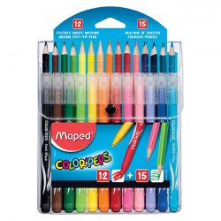 MAPED Pochette de 12 feutres LONG LIFE + 15 crayons de couleur COLOR PEPS