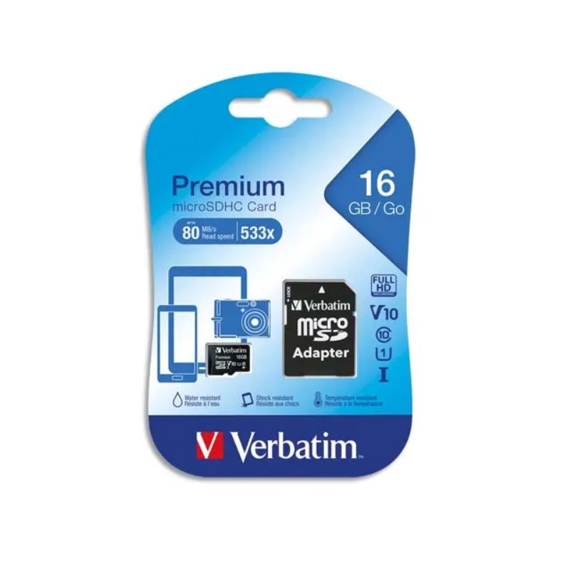 VERBATIM Carte MicroSDHC 16Go+adaptateur Class 10/U1