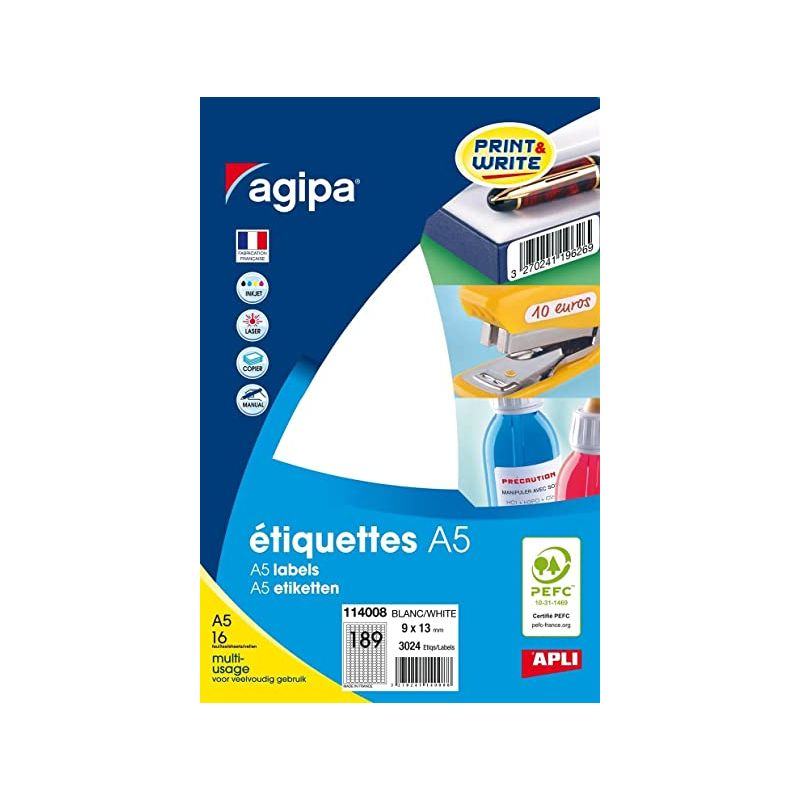 AGIPA Etiquettes multi-usage 9 x 13 mm blanche