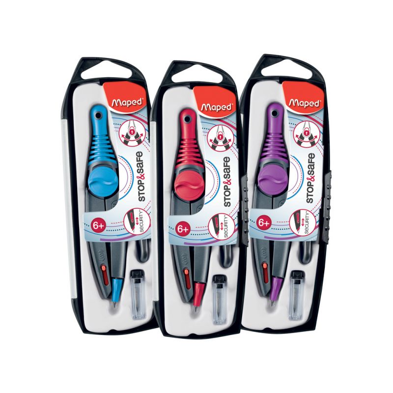 MAPED Compas Stop and Safe à mine + 1 étui mines + 1 taille-mines assortis