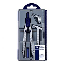 STAEDTLER Compas scolaire à vis micrométrique à rallonge, attache-compas, étui mine, règle intégrée