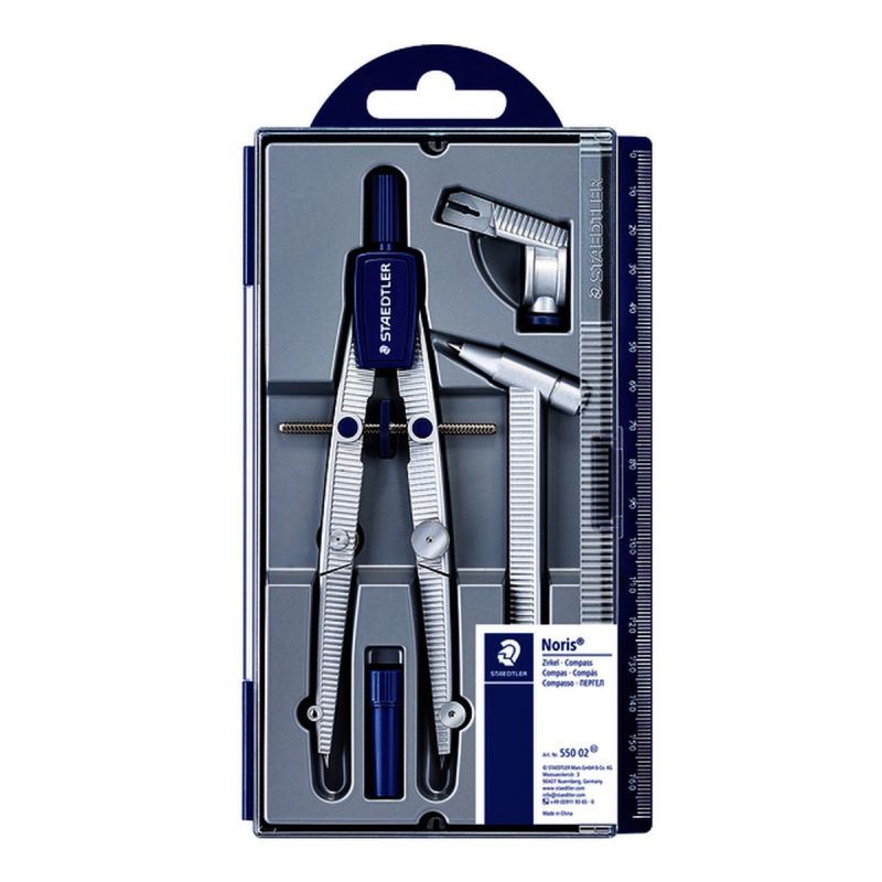 STAEDTLER Compas scolaire à vis micrométrique à rallonge, attache-compas, étui mine, règle intégrée