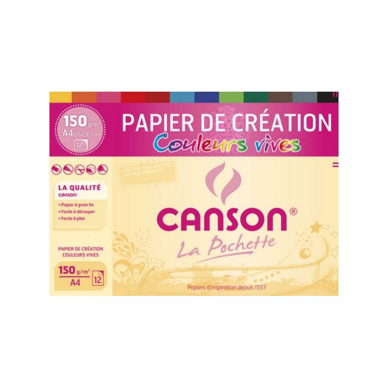 CANSON Pochette 12 feuilles couleurs vives CREATION 150g A4