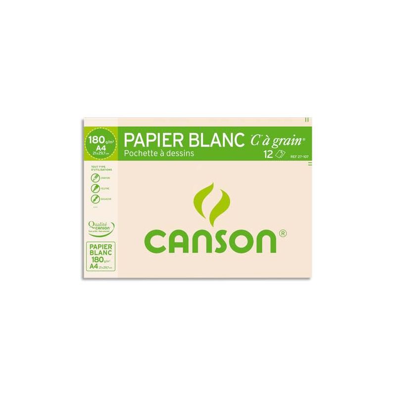 CANSON Pochette de 12 feuilles de papier dessin C A GRAIN 180g A4