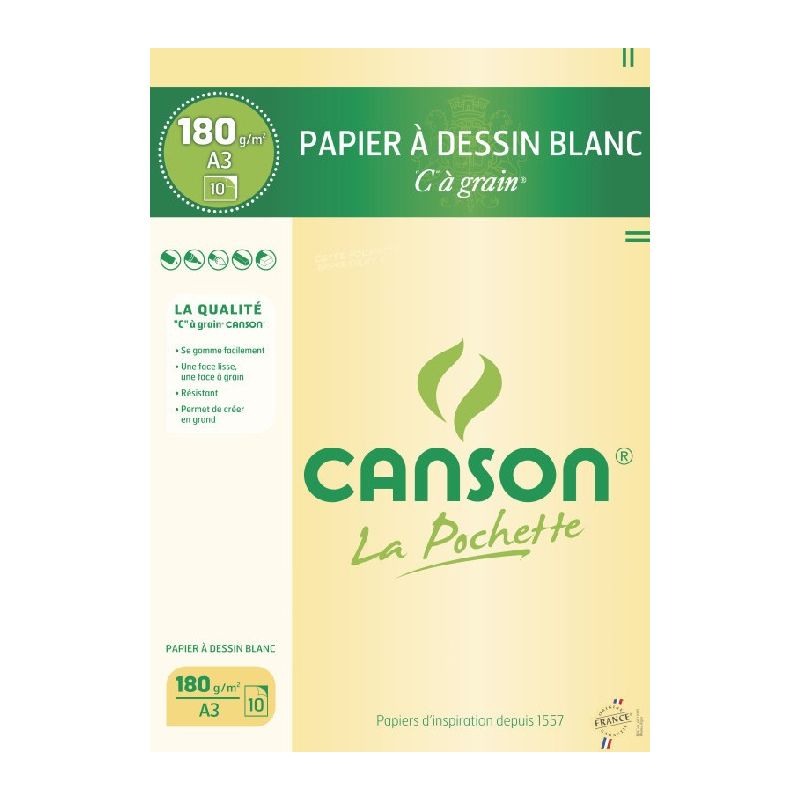 CANSON Pochette de 10 feuilles de papier dessin C A GRAIN 180g A3