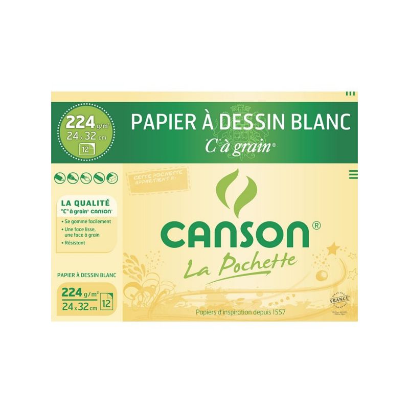 CANSON Pochette de 12 feuilles de papier dessin C A GRAIN 224g 24x32cm