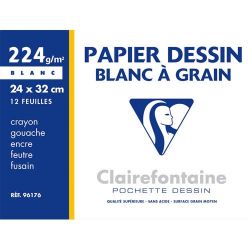 CLAIREFONTAINE Pochette de 12 feuilles papier dessin Blanc 24x32 224g