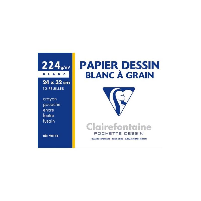 CLAIREFONTAINE Pochette de 12 feuilles papier dessin Blanc 24x32 224g