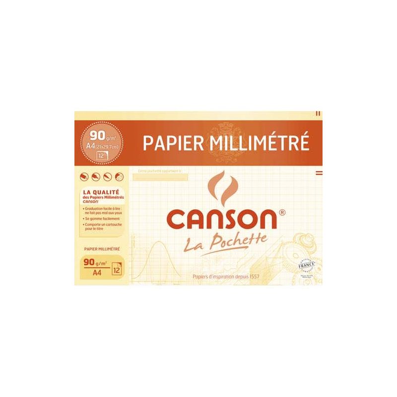 CANSON Pochette de 12 feuilles dessin millimétré bistre 90g A4 Ref-67115