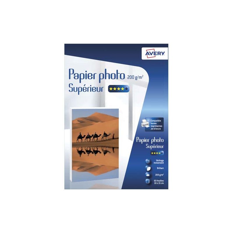 AVERY Boîte de 60 feuilles de papier photo brillant 10x15cm Jet d'encre 200g/m²