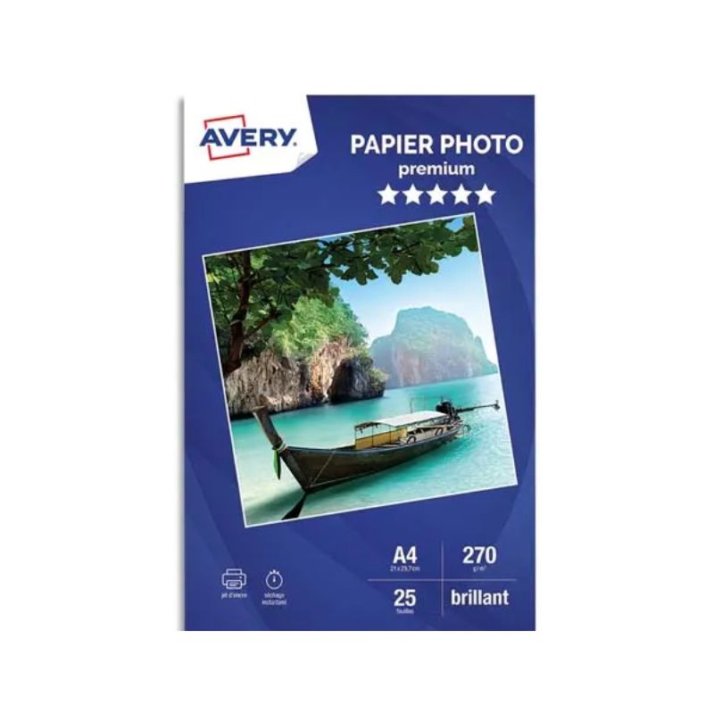 AVERY Boîte de 25 feuilles de papier photo brillant A4, Jet d'encre, 270 g.