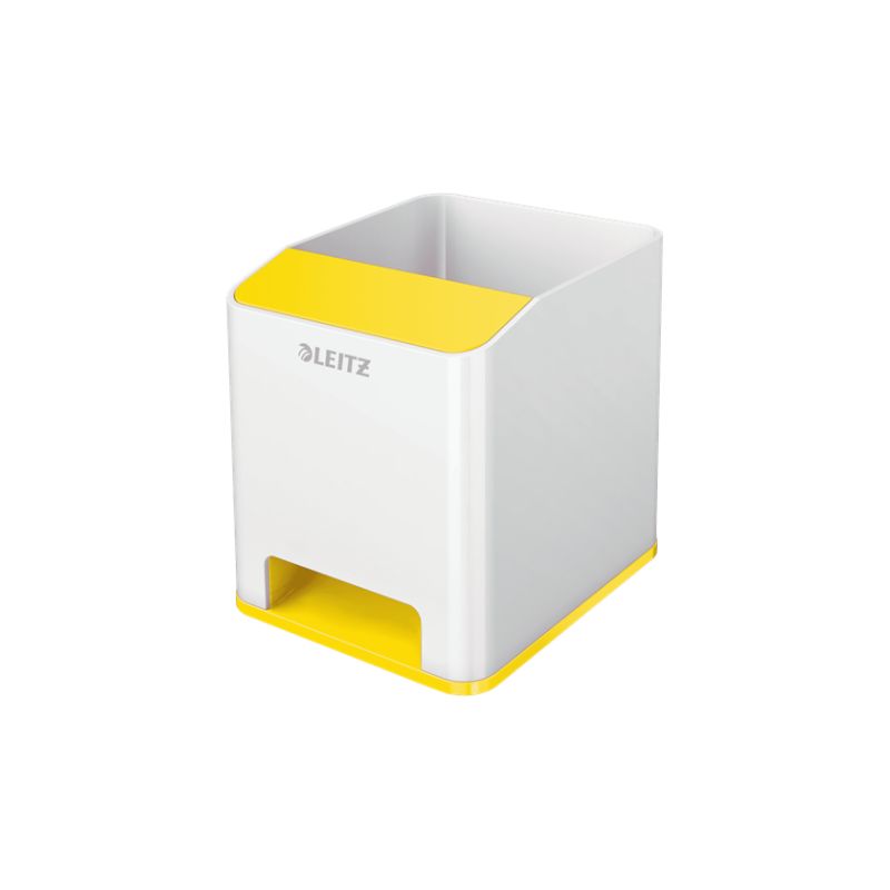 LEITZ Pot crayons booster de son Dual. Dim : L9 x H10 x P10,1 cm. Finition brillante. Coloris Blanc/Jaune