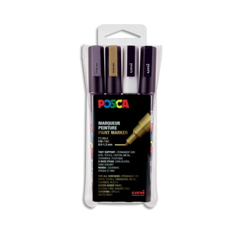 UNI Pochette de 4 marqueurs POSCA. Pointe fine conique 0,9-1,3mm. Coloris : or, argent, noir, blanc.
