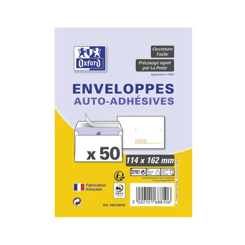 OXFORD Paquet de 50 enveloppes Blanches pré-casées auto-adhésives 80g format