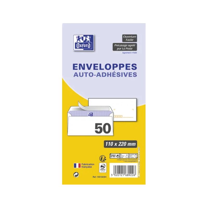 OXFORD Paquet de 50 enveloppes Blanches pré-casées auto-adhésives 80g format 110x220mm DL