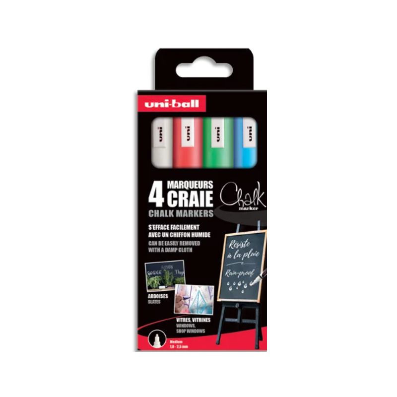 UNI-BALL Pochette 4 marqueurs craie CHALK. Pointe conique 1,8-2,5mm. Coloris Blanc,Vert Fluo,Rouge,Bleu