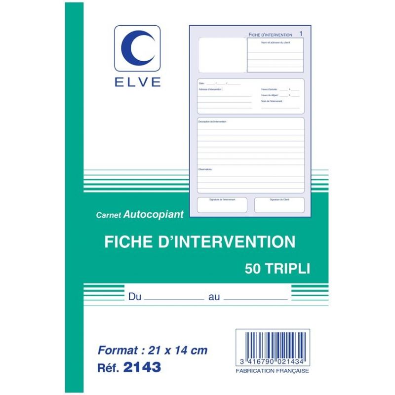 ELVE Manifold ficher d'intervention format 210x140 50 feuillets tripli