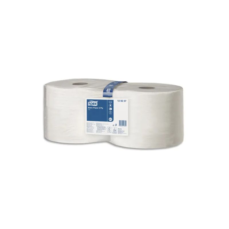 TORK Lot de 2 Bobines papier d'essuyage Basic W1 510 mètres, 2 plis, Format prédécoupé 23,5 x 34 cm blanc