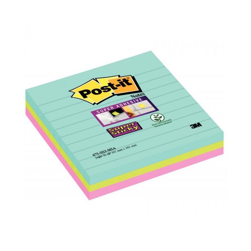 POST-IT Lots de 3 blocs Notes Super Sticky MIAMI 70 feuilles 101 x 101 mm