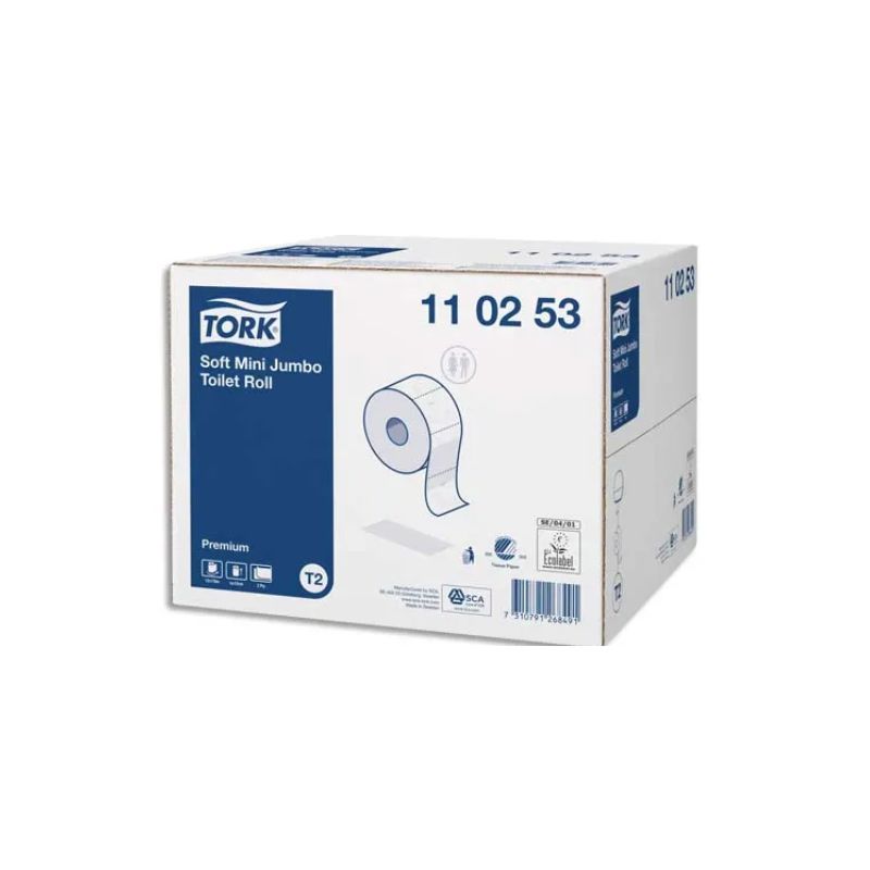 TORK Colis de 12 Bobines Papier toilette Mini Jumbo Premium doux 2 plis L170 m x D18 cm Blanc logo Bleu