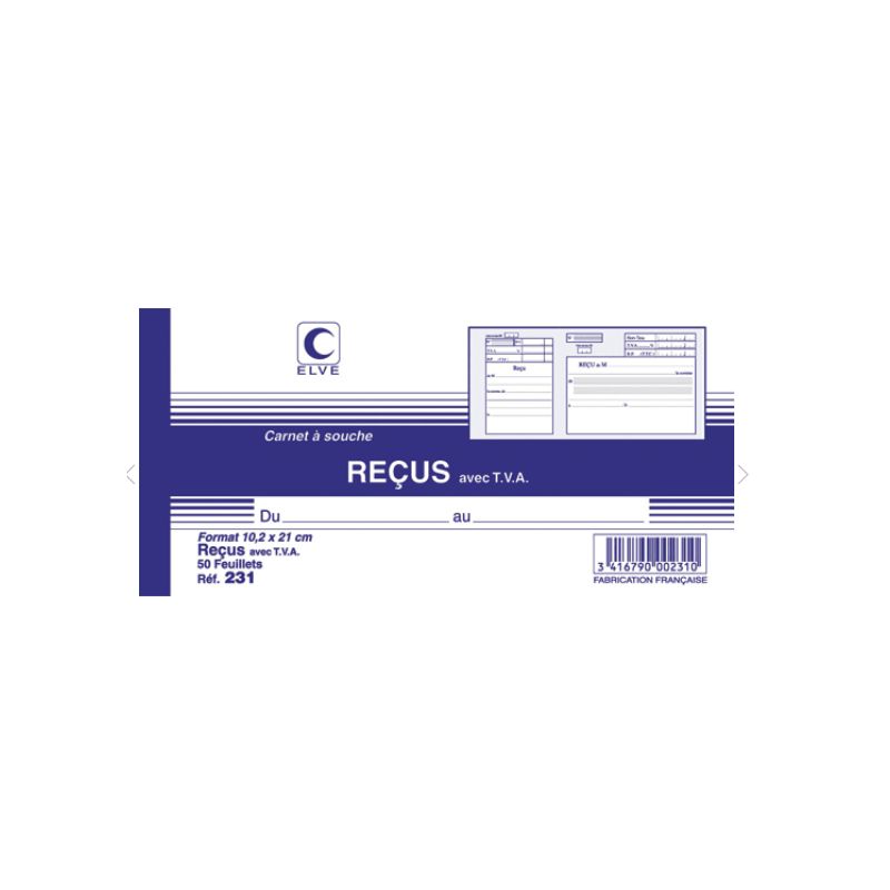 ELVE Carnet à souche ''reçu avec TVA'' format 10,5 x 21cm