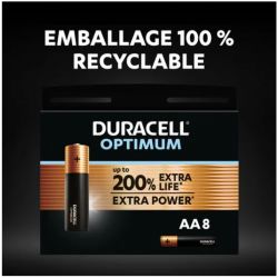  DURACELL Piles alcalines AA Optimum, 1,5 V LR06 MX1500, lot de 8 piles