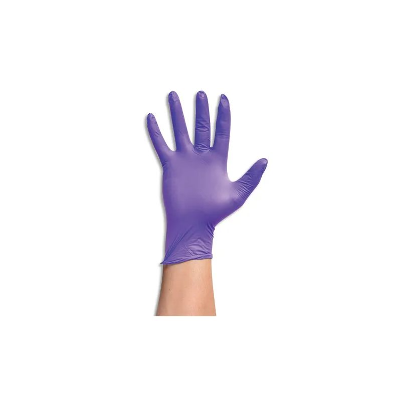 Boîte 100 gants nitrile violet touché texturé amélioré 100% synthétique. Sans protéine latex. Taille M