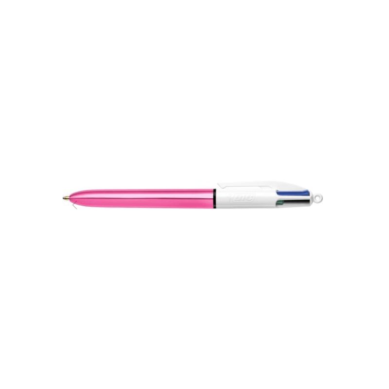 BIC Stylo bille 4 couleurs rétractable Shine. Pointe Moyenne (1,0 mm) - Corps Métallisé Rose