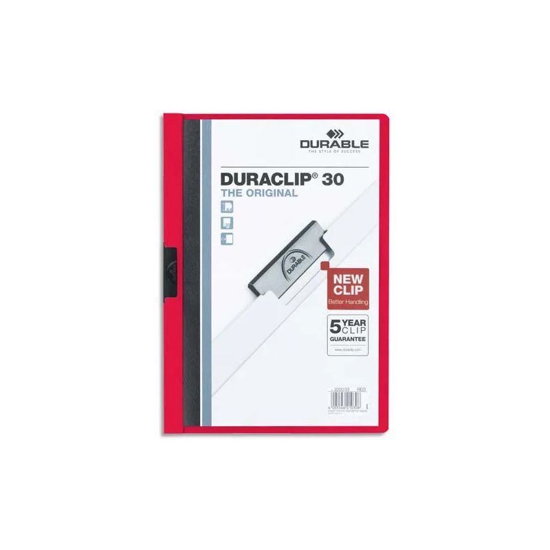 DURABLE Chemise de présentation Duraclip 30 à clip, couverture transparente - 1-30 feuilles A4 - Rouge