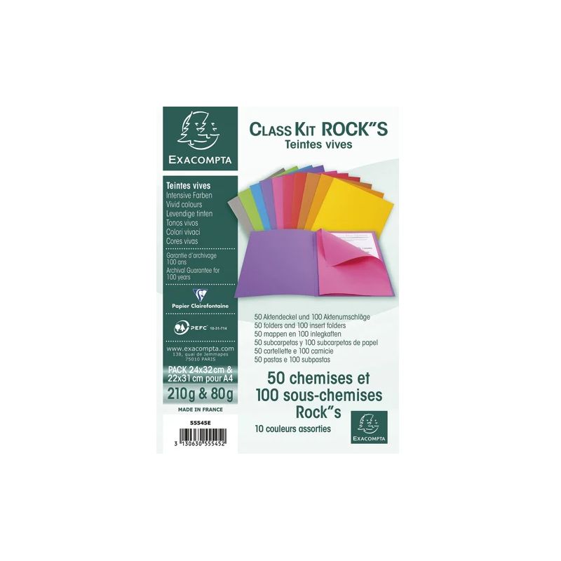 EXACOMPTA Paquet de 50 chemises 210g + 100 sous-chemises 80g ROCK'S en carte coloris assortis